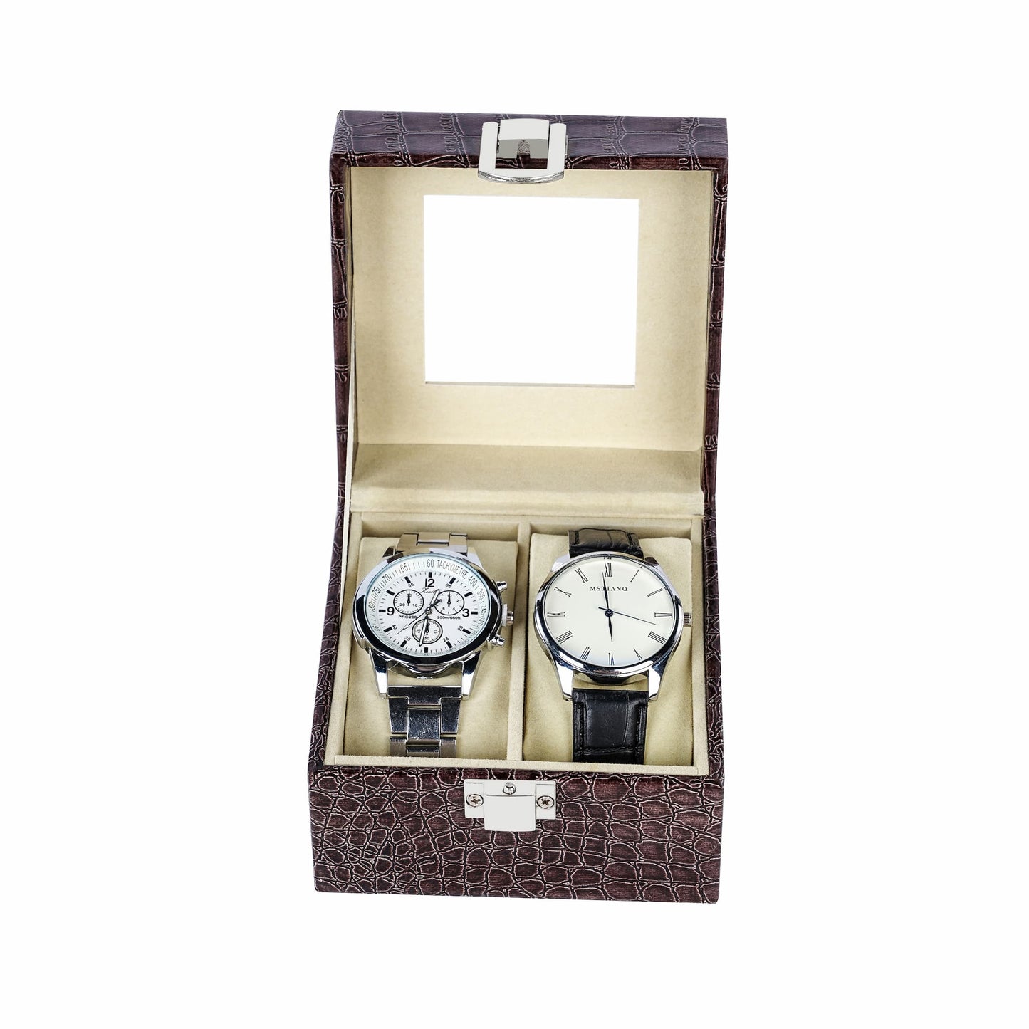 High quality 2 slots watch storage case brown crocodile grained pu leather watch box with factory price