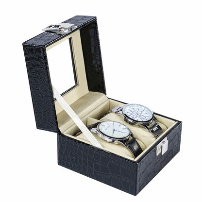 2 Slots Watch Organizer Box Black Crocodile Grained PU Leather Watch Box With Real Glass Lid For Display