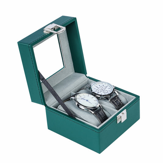 2 slots high quality watch organizer box green faux pu leather watch case for home decoration