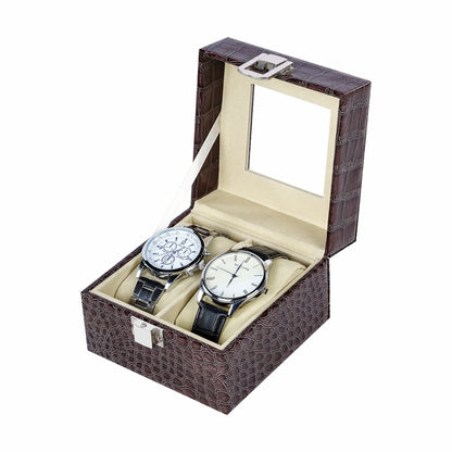 High quality 2 slots watch storage case brown crocodile grained pu leather watch box with factory price
