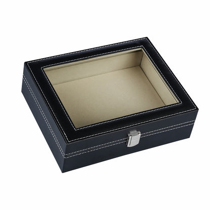 Black faux leather black storage box with real glass lid, suit for watches, sunglasses and jewelries