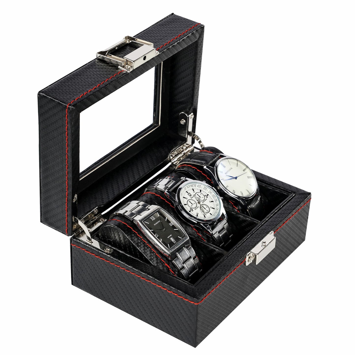 3-slot Professional Black Carbon Fiber Leather Wrist Watch Organizer Display Storage Box With Red Sewing