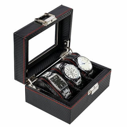 3-slot Professional Black Carbon Fiber Leather Wrist Watch Organizer Display Storage Box With Red Sewing