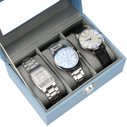 3 Slots Blue PU Leather Watch Display Box High Quality Watch Case with Glass Lid