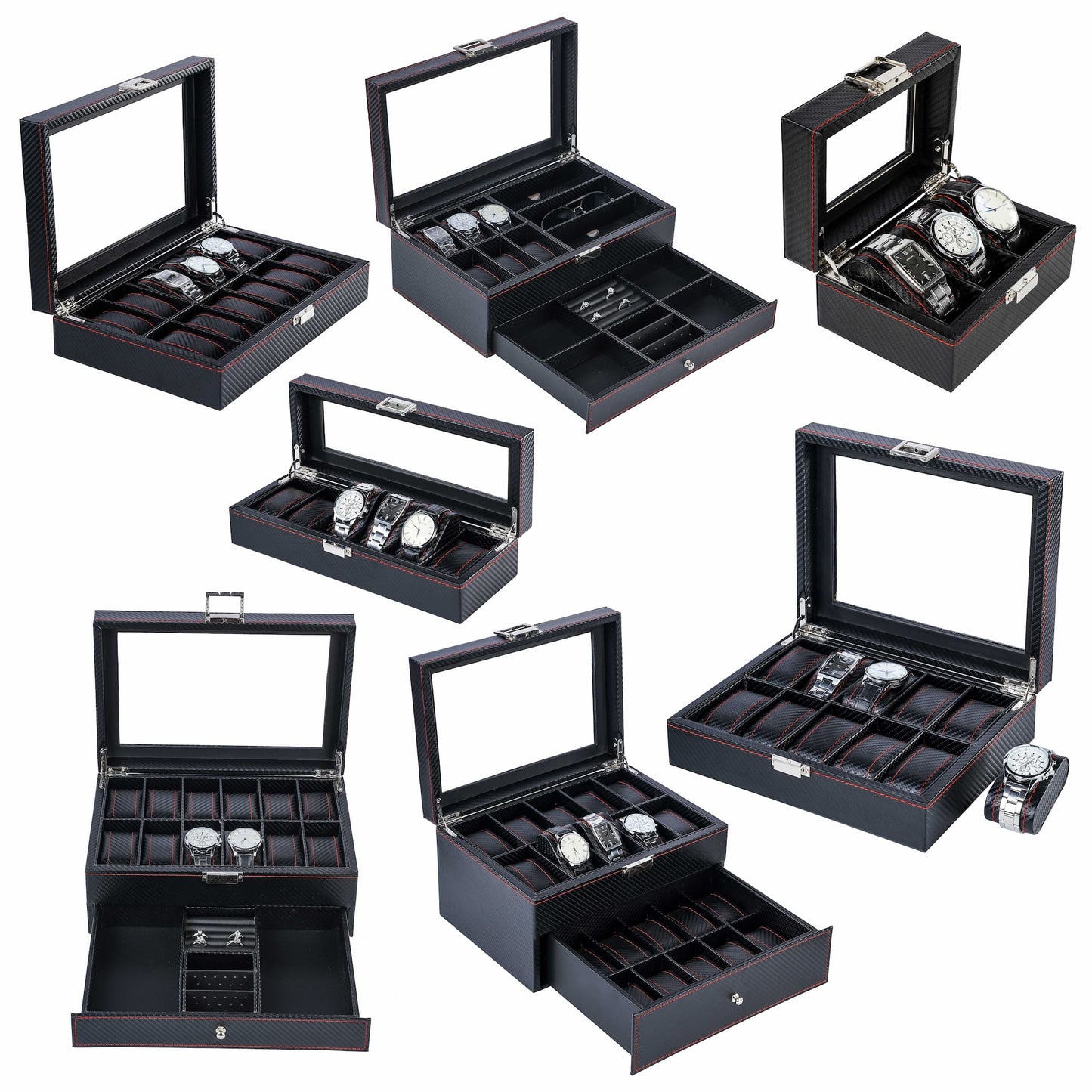 6+3 slots Carbon Fiber Double Layer Jewelry Storage Box Watch Display Case