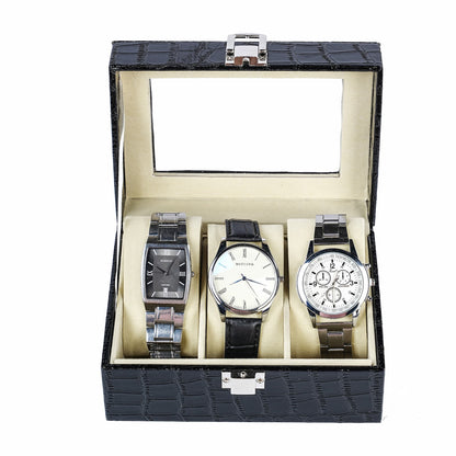 3 Slots Watch Storage Case Black Crocodile Grained PU Leather Watch Organizer Box With Real Glass Lid