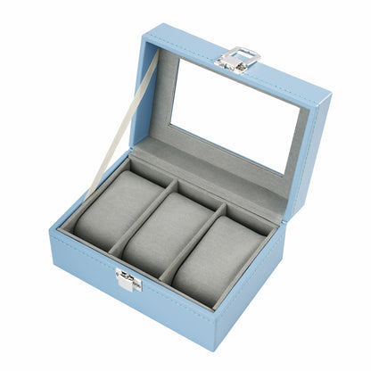 3 Slots Blue PU Leather Watch Display Box High Quality Watch Case with Glass Lid