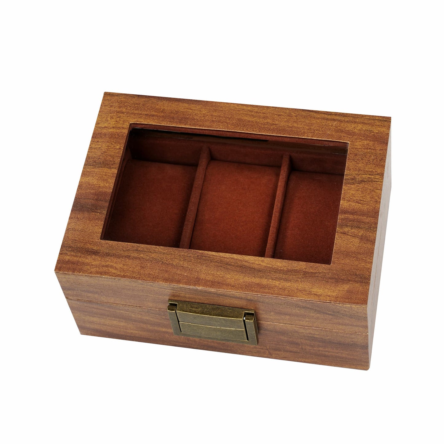 3 Slots Watch Organizer Case Brown Wooden Watch Box With Real Glass Lid