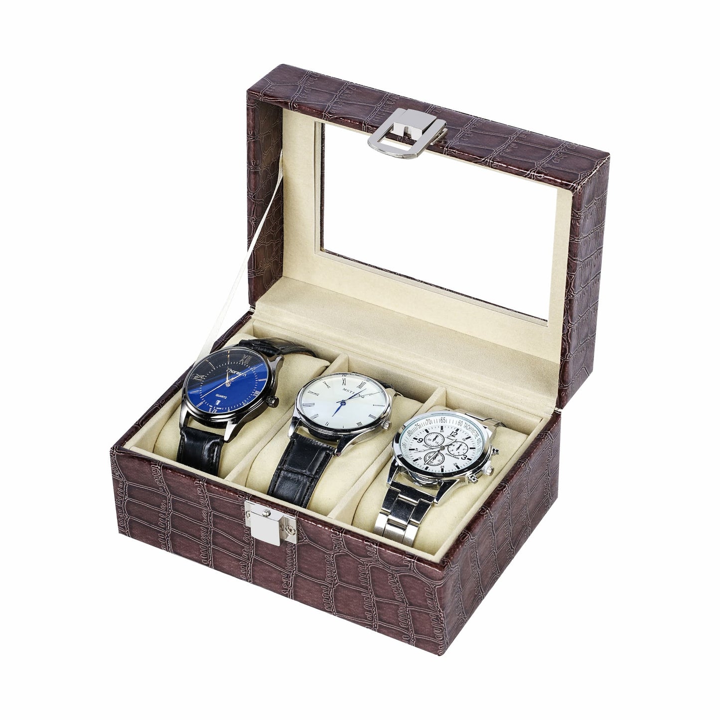 Factory supply 3 slots watch storage box brown crocodile grained pu leather watch case with high quality