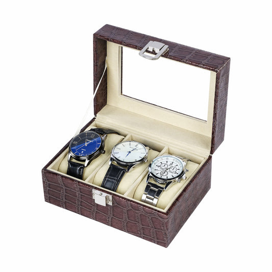 Factory supply 3 slots watch storage box brown crocodile grained pu leather watch case with high quality