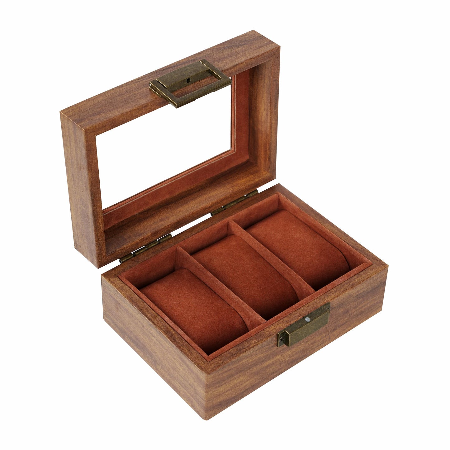 3 Slots Watch Organizer Case Brown Wooden Watch Box With Real Glass Lid