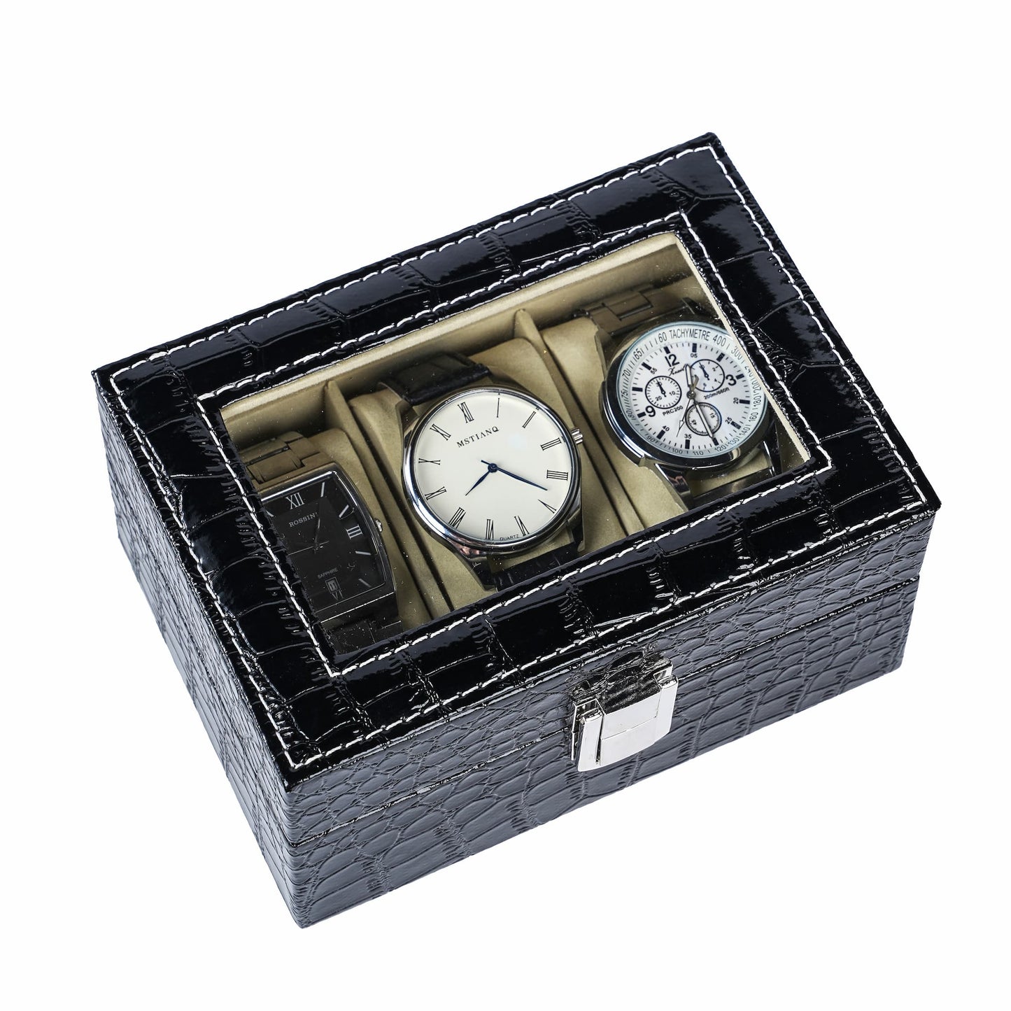3 Slots Watch Storage Case Black Crocodile Grained PU Leather Watch Organizer Box With Real Glass Lid