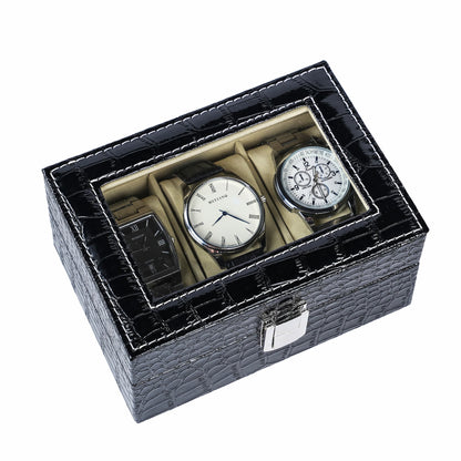 3 Slots Watch Storage Case Black Crocodile Grained PU Leather Watch Organizer Box With Real Glass Lid