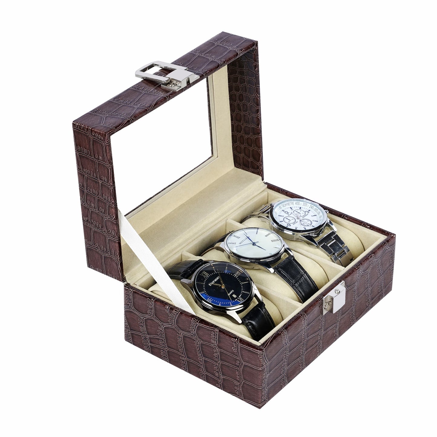 Factory supply 3 slots watch storage box brown crocodile grained pu leather watch case with high quality