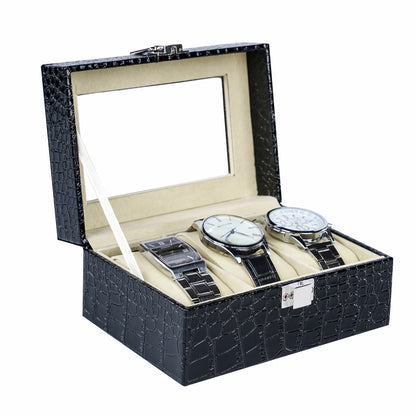 3 Slots Watch Storage Case Black Crocodile Grained PU Leather Watch Organizer Box With Real Glass Lid