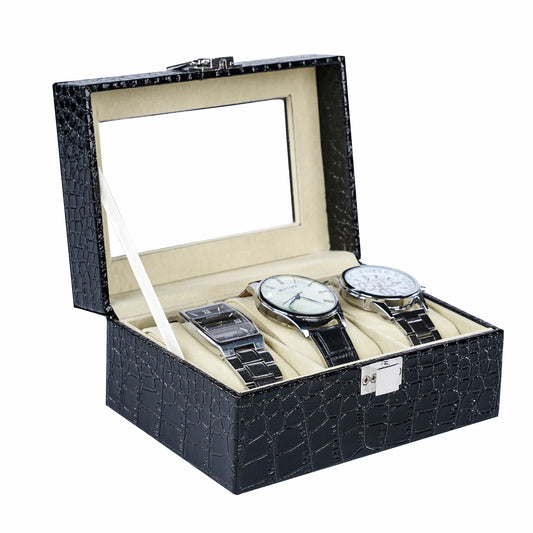 3 Slots Watch Storage Case Black Crocodile Grained PU Leather Watch Organizer Box With Real Glass Lid