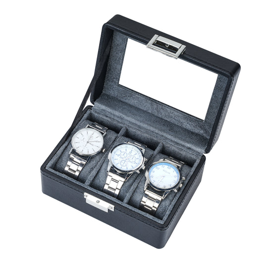 Black Litchi Texture Luxury Watch Box – 3 Slot Luxury Organizer for Men