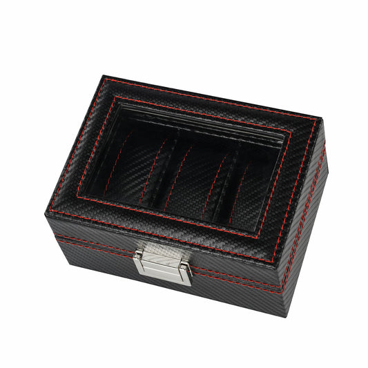 3-slot Professional Black Carbon Fiber Leather Wrist Watch Organizer Display Storage Box With Red Sewing