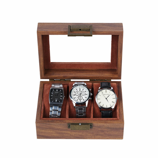 3 Slots Watch Organizer Case Brown Wooden Watch Box With Real Glass Lid
