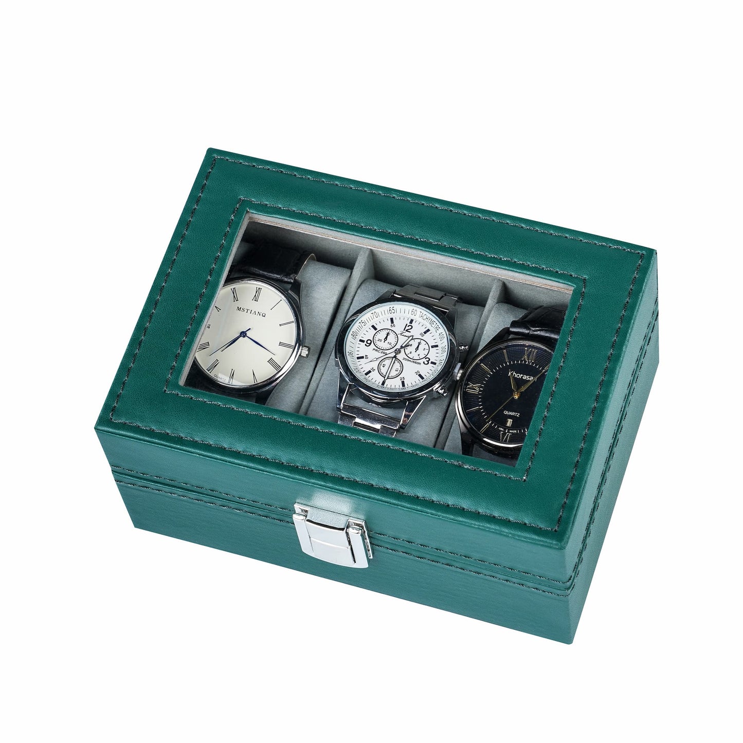 3-slot watch organizer box green color pu leather watch case with factory price
