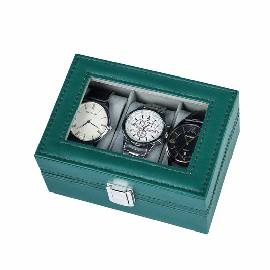 3-slot watch organizer box green color pu leather watch case with factory price