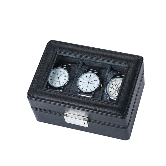 Black Litchi Texture Luxury Watch Box – 3 Slot Luxury Organizer for Men