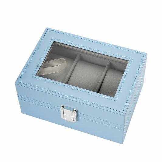 3 Slots Blue PU Leather Watch Display Box High Quality Watch Case with Glass Lid