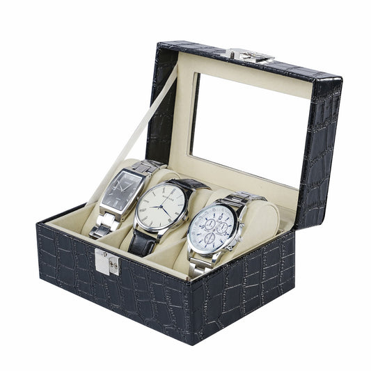 3 Slots Watch Storage Case Black Crocodile Grained PU Leather Watch Organizer Box With Real Glass Lid