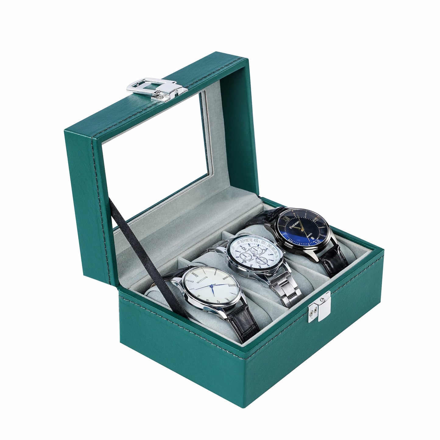 3-slot watch organizer box green color pu leather watch case with factory price