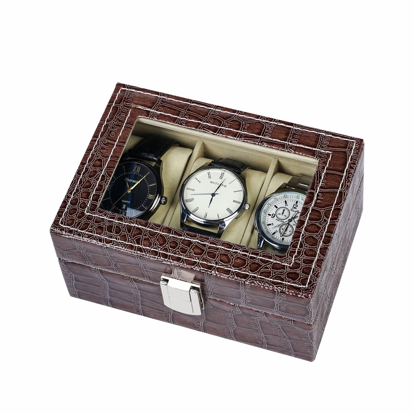 Factory supply 3 slots watch storage box brown crocodile grained pu leather watch case with high quality