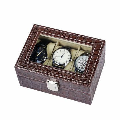Factory supply 3 slots watch storage box brown crocodile grained pu leather watch case with high quality