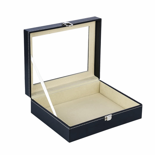 Black faux leather black storage box with real glass lid, suit for watches, sunglasses and jewelries