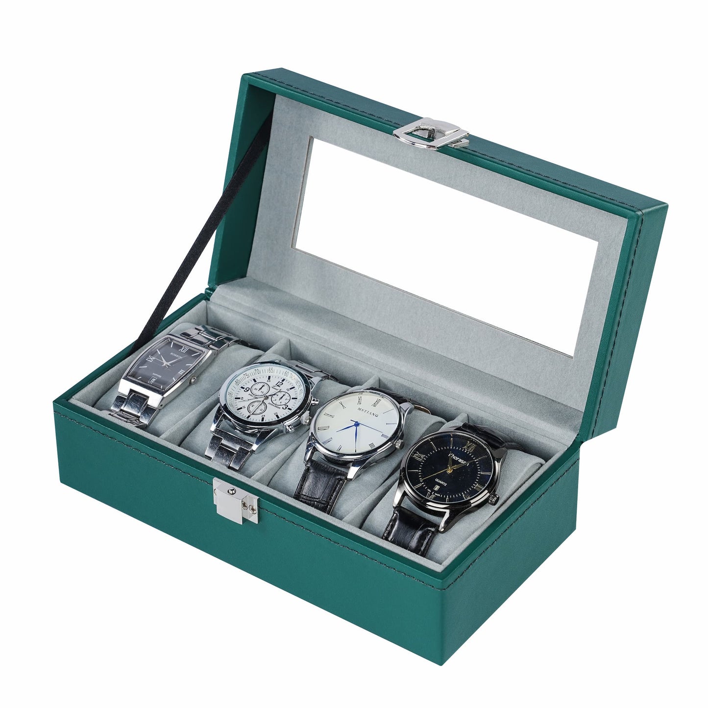 4-slot watch organizer box green faux pu leather watch storage case supplied by watch box manufacturer