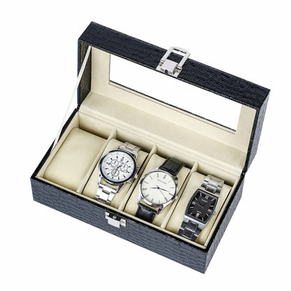 4 Slots Black Crocodile PU Leather Watch Box Manufacturer Direct Supply Watch Organizer Case With Real Glass Lid