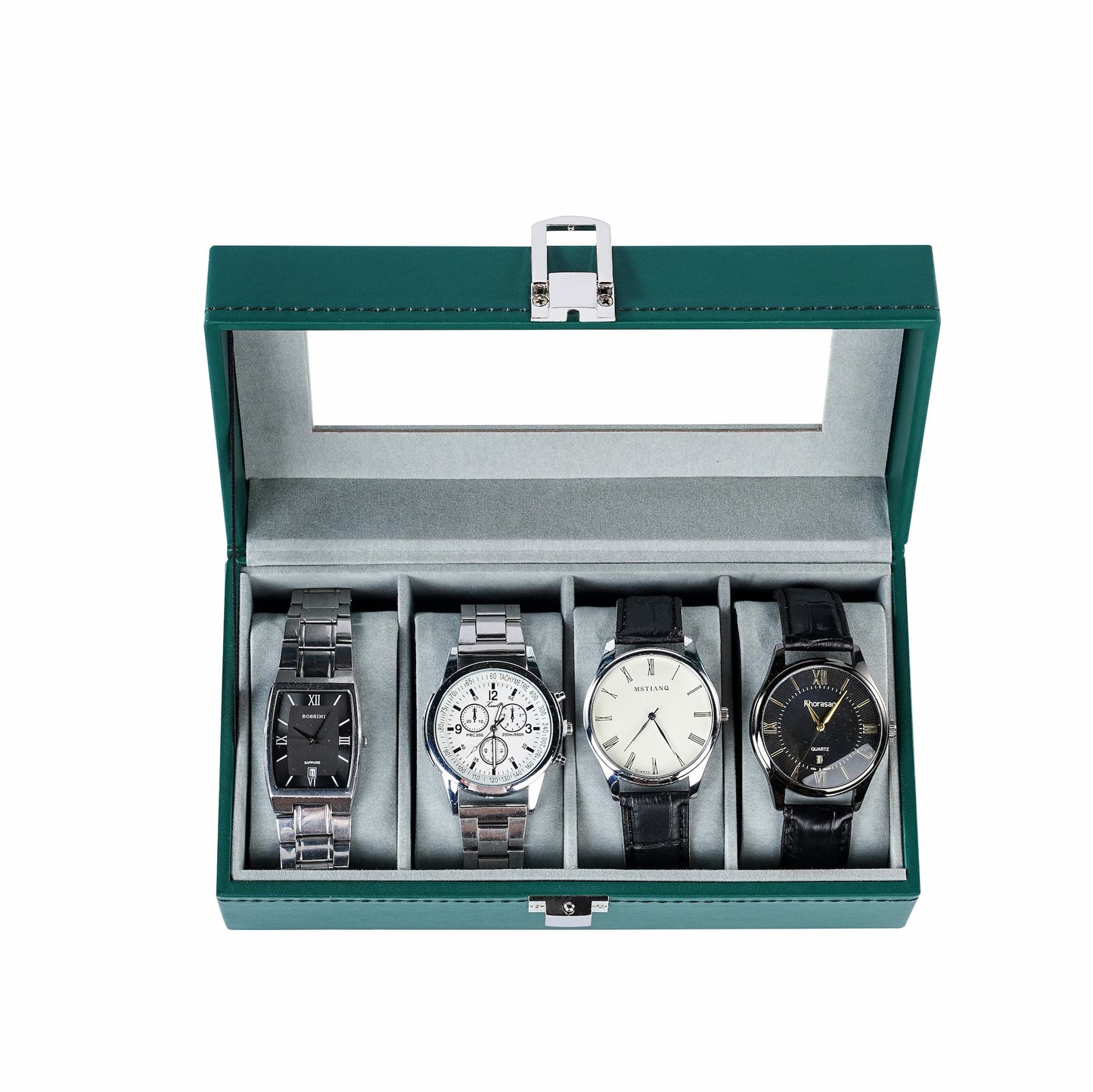 4-slot watch organizer box green faux pu leather watch storage case supplied by watch box manufacturer