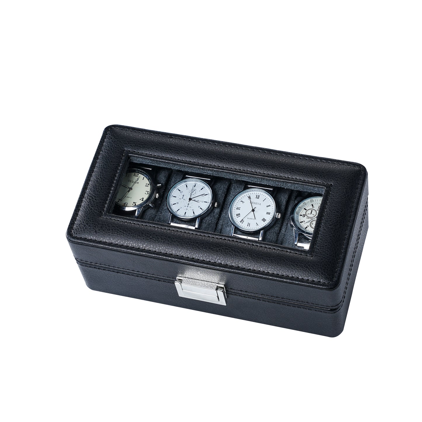 4-Slots Premium Black Litchi Grain Watch Packaging Box