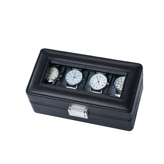 4-Slots Premium Black Litchi Grain Watch Packaging Box
