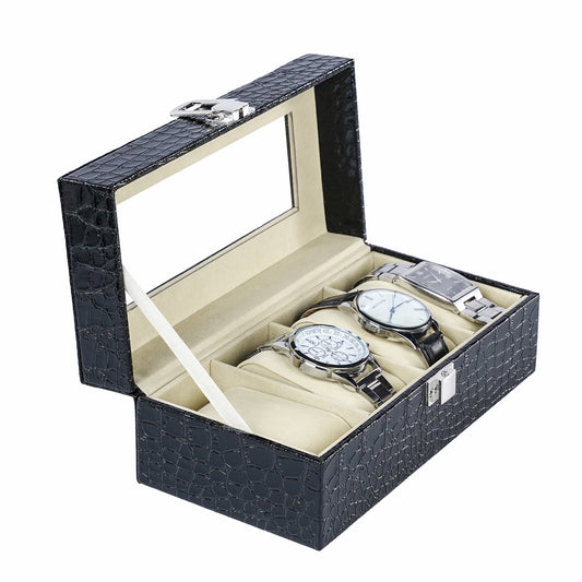 4 Slots Black Crocodile PU Leather Watch Box Manufacturer Direct Supply Watch Organizer Case With Real Glass Lid