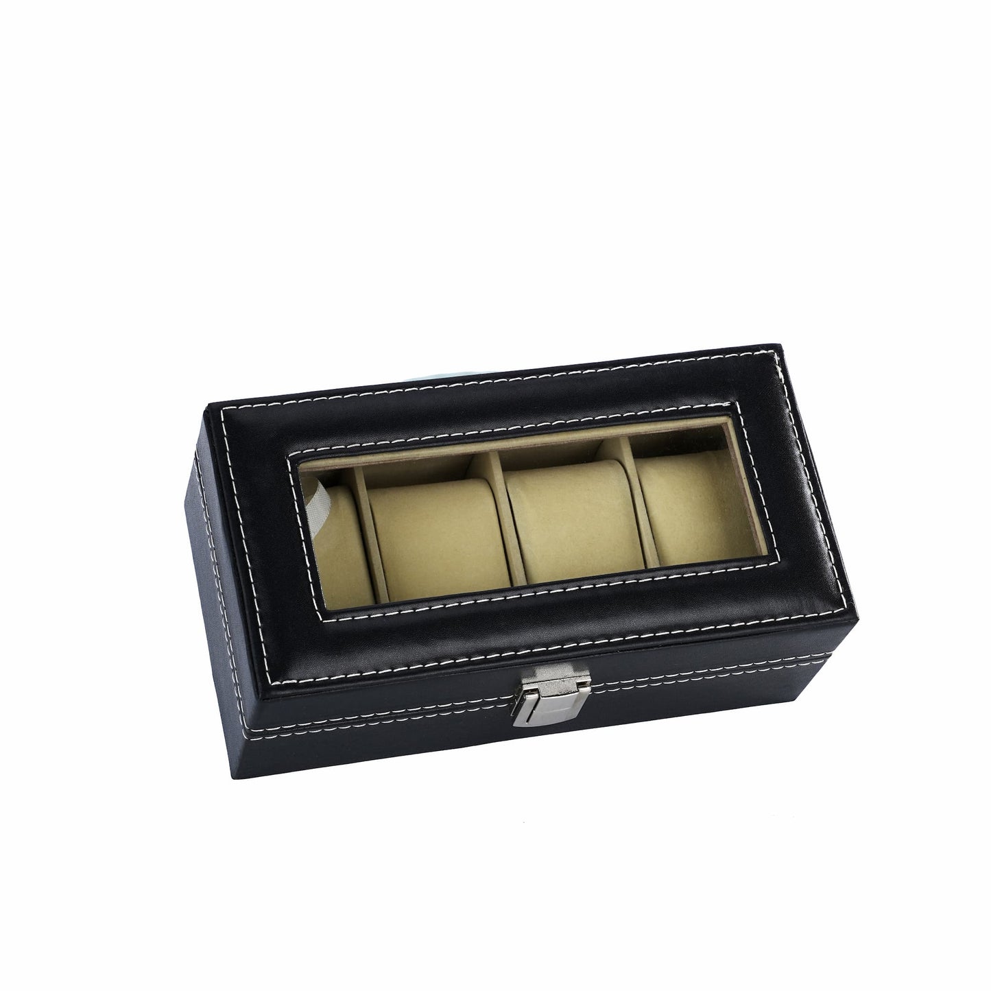 High quality black faux leather 4 slots watch storage organizer box with real glass lid