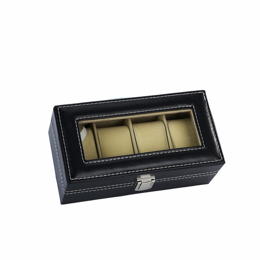 High quality black faux leather 4 slots watch storage organizer box with real glass lid