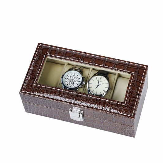 4 slots brown watch organizer case crocodile grained pu leather watch storage box with real glass lid