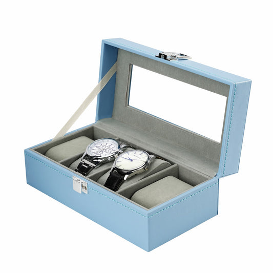 4 Slots Blue Watch Storage Case High-end PU Leather Watch Display Box