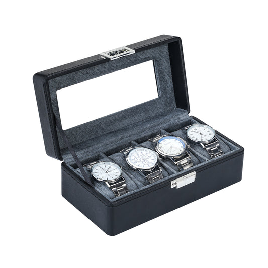 4-Slots Premium Black Litchi Grain Watch Packaging Box