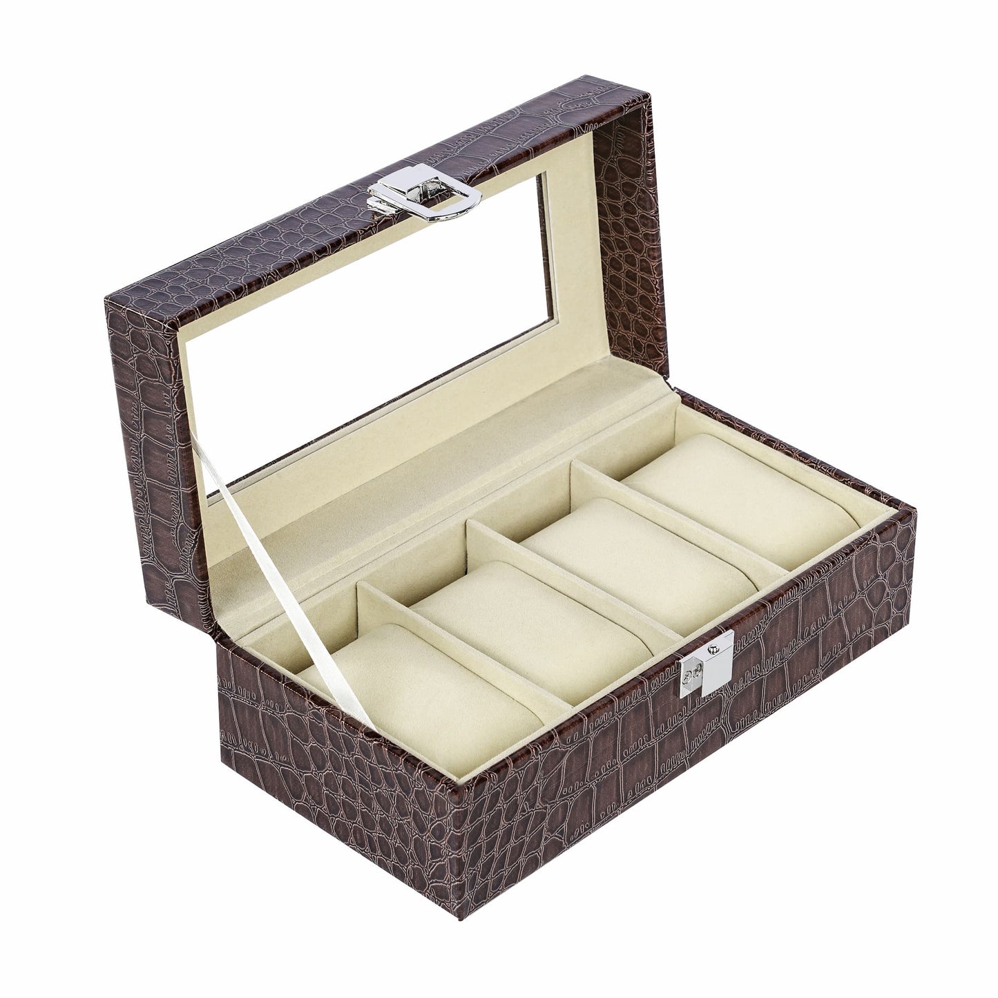 4 slots brown watch organizer case crocodile grained pu leather watch storage box with real glass lid