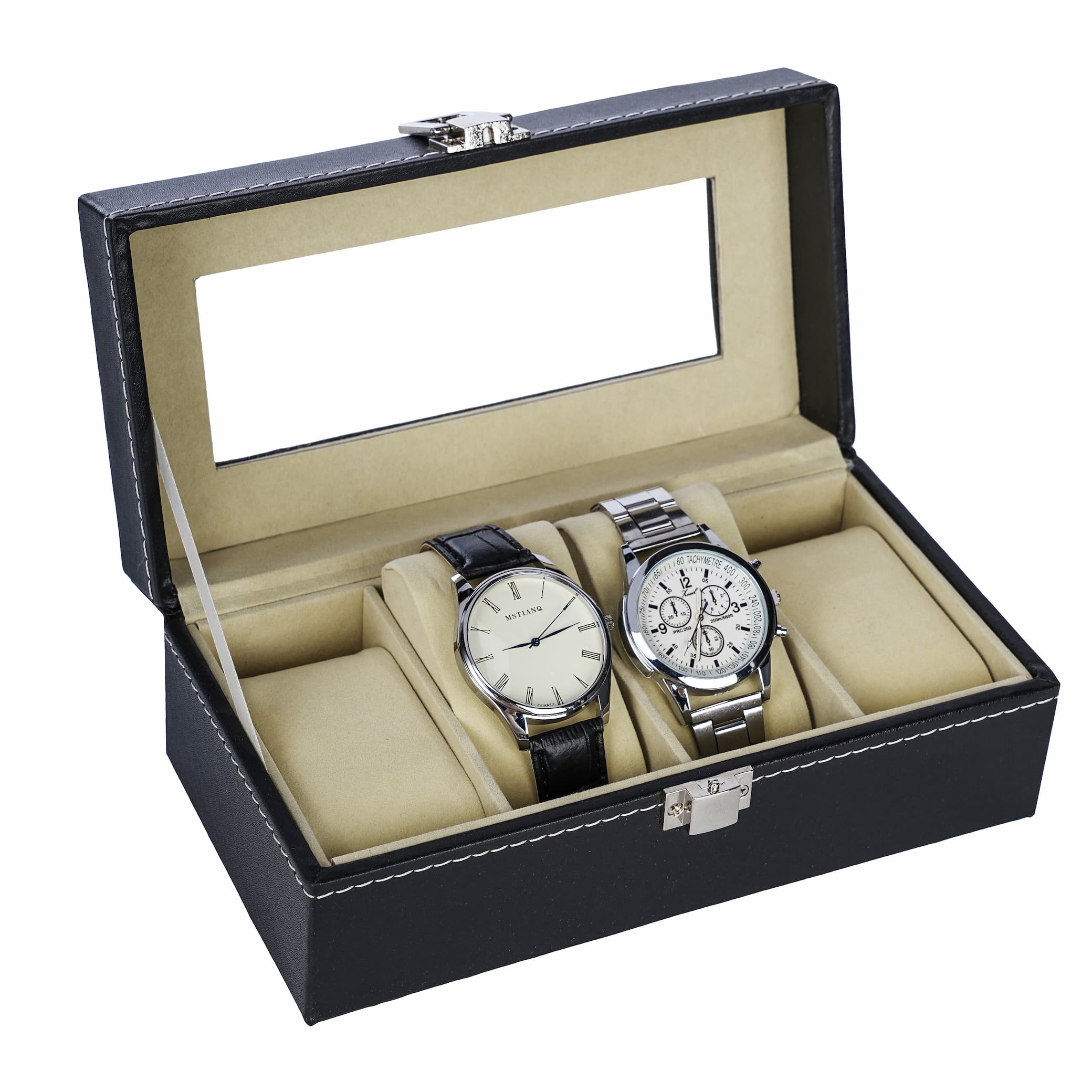 High quality black faux leather 4 slots watch storage organizer box with real glass lid