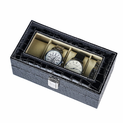 4 Slots Black Crocodile PU Leather Watch Box Manufacturer Direct Supply Watch Organizer Case With Real Glass Lid