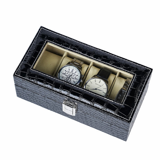 4 Slots Black Crocodile PU Leather Watch Box Manufacturer Direct Supply Watch Organizer Case With Real Glass Lid