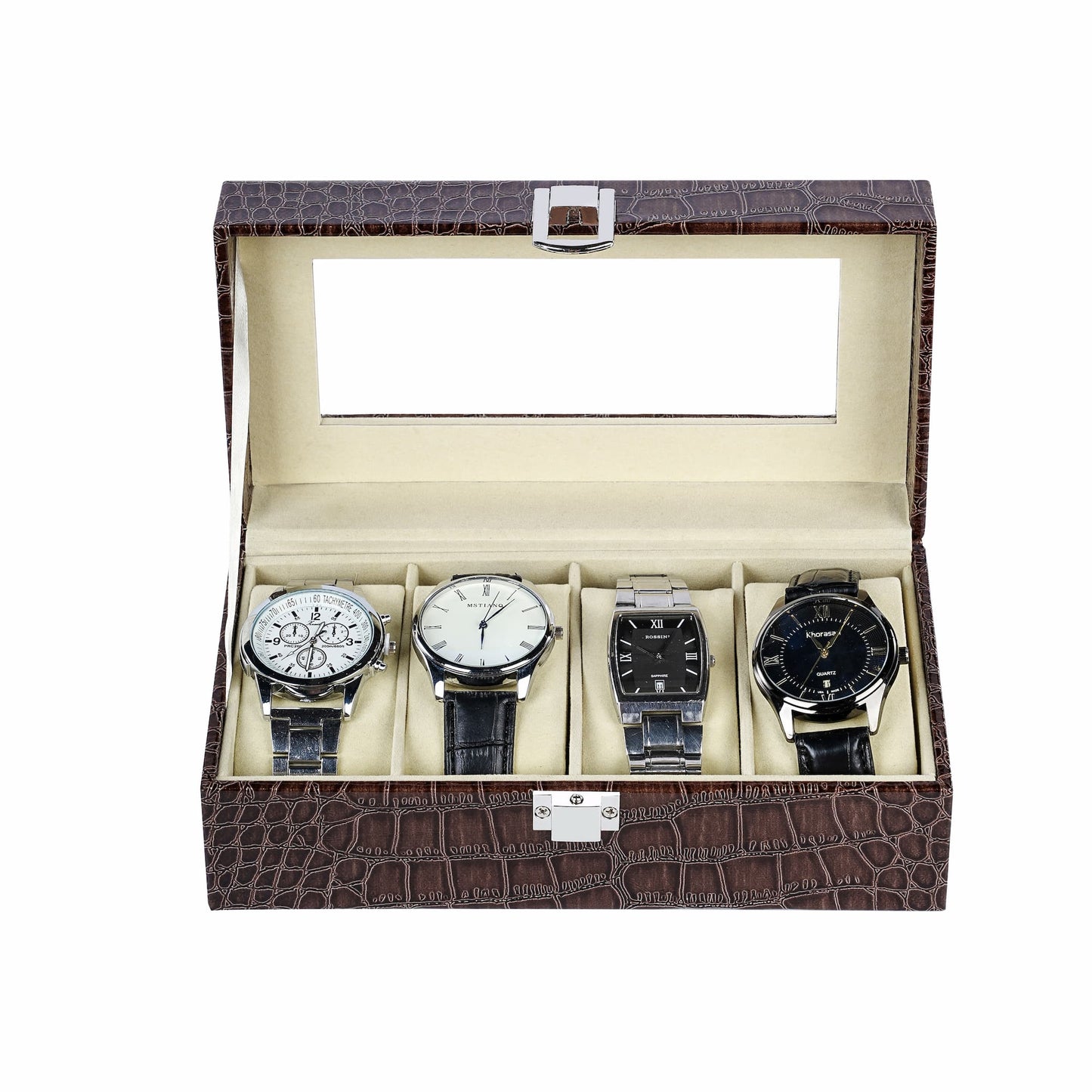 4 slots brown watch organizer case crocodile grained pu leather watch storage box with real glass lid