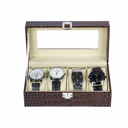 4 slots brown watch organizer case crocodile grained pu leather watch storage box with real glass lid