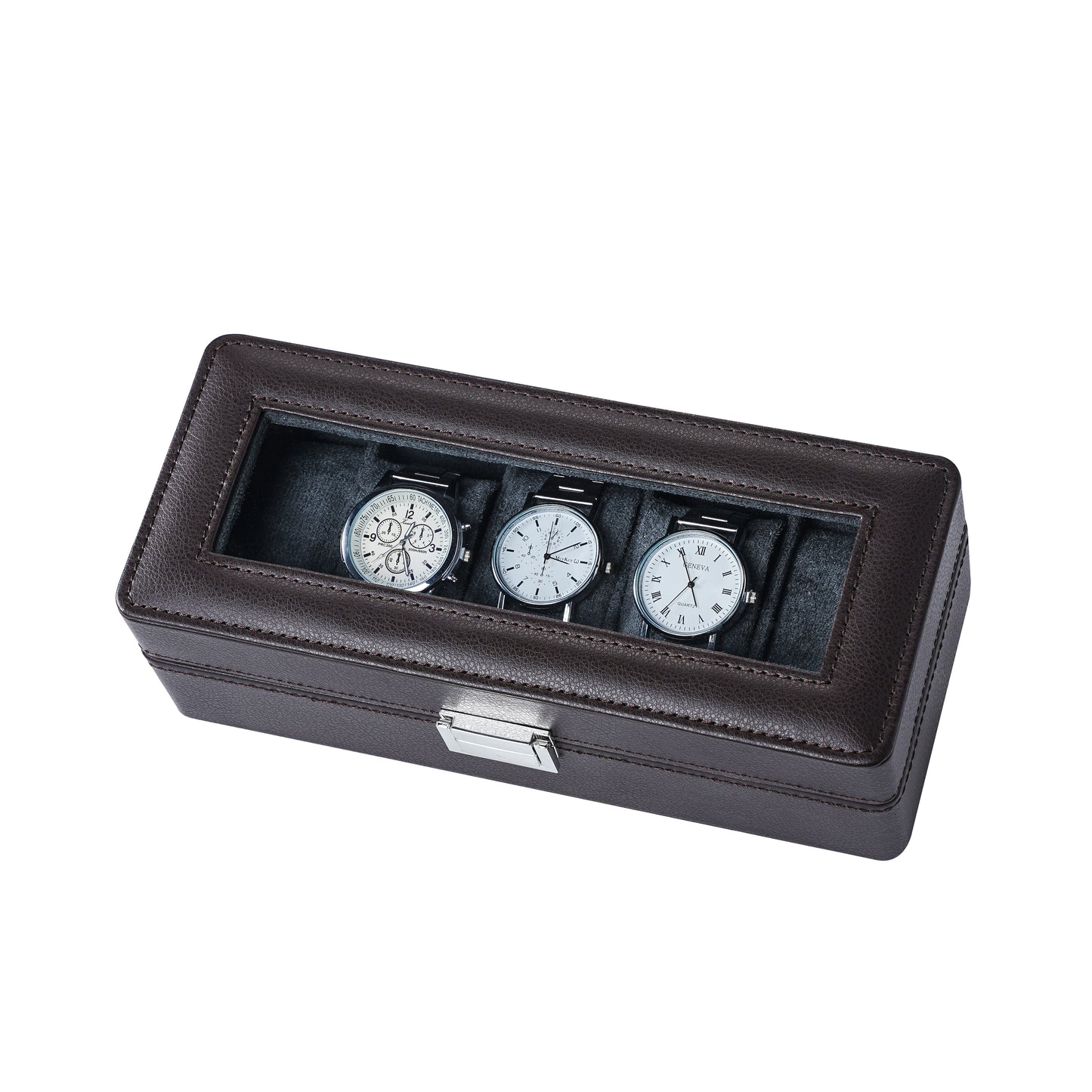 5-Solts Premium Pebbled Leather Watch Box in Deep Brown